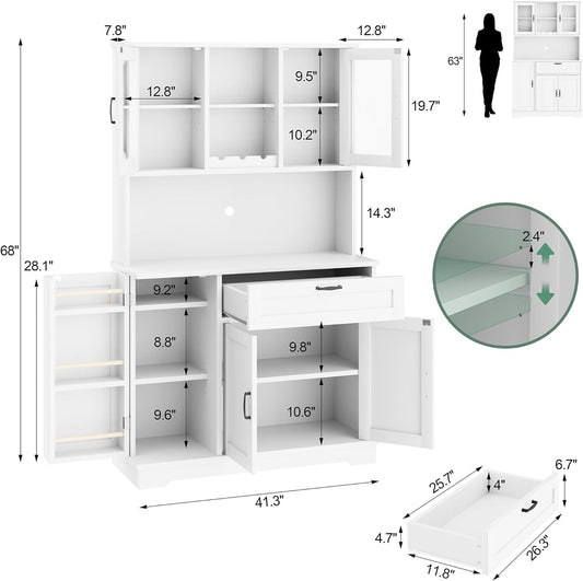 Kitchen Pantry Storage Cabinet, Freestanding Buffet Cabinet with Microwave Stand & 4 Door Shelves, Kitchen Hutch with Doors, Adjustable Shelves and Wine Rack, White
