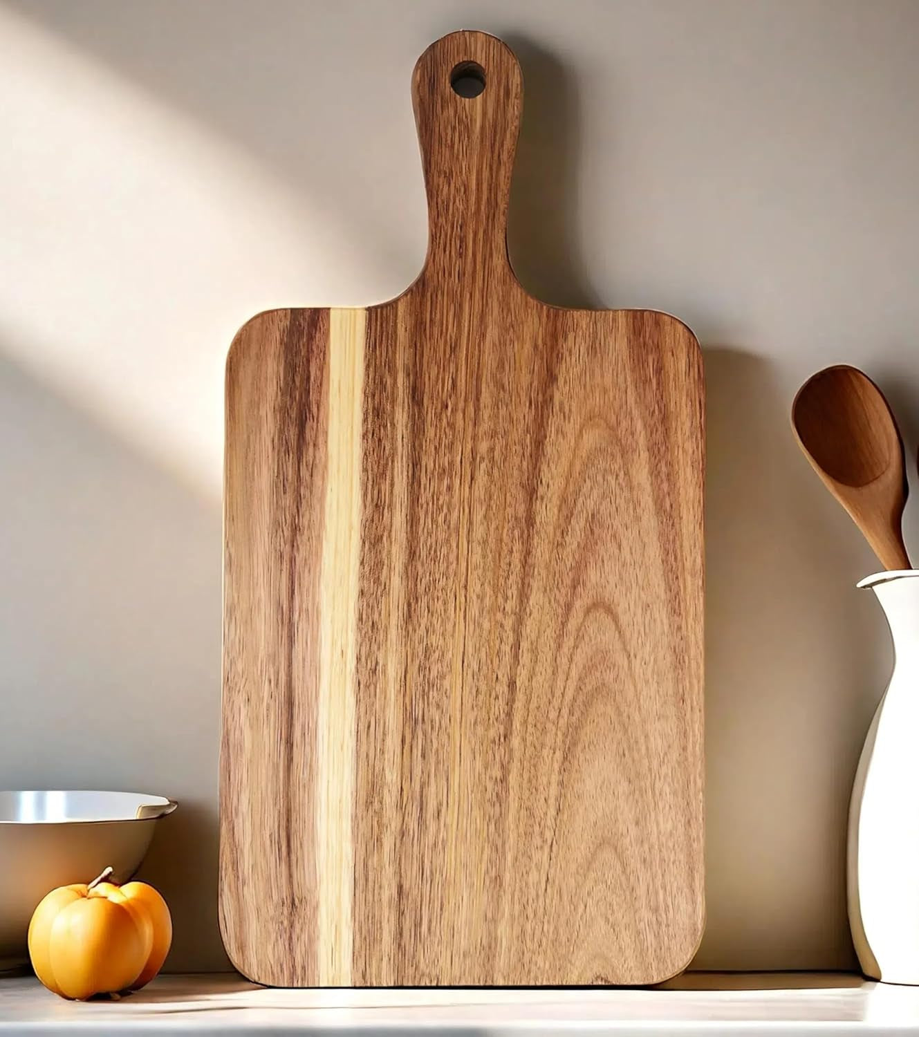 Acacia Wood Cutting Board with Handle 13.7''X7'' / Charcuterie Board/Serving Board/Cheese, Bread, Vegetables & Fruits Serving Board (Rectangular)