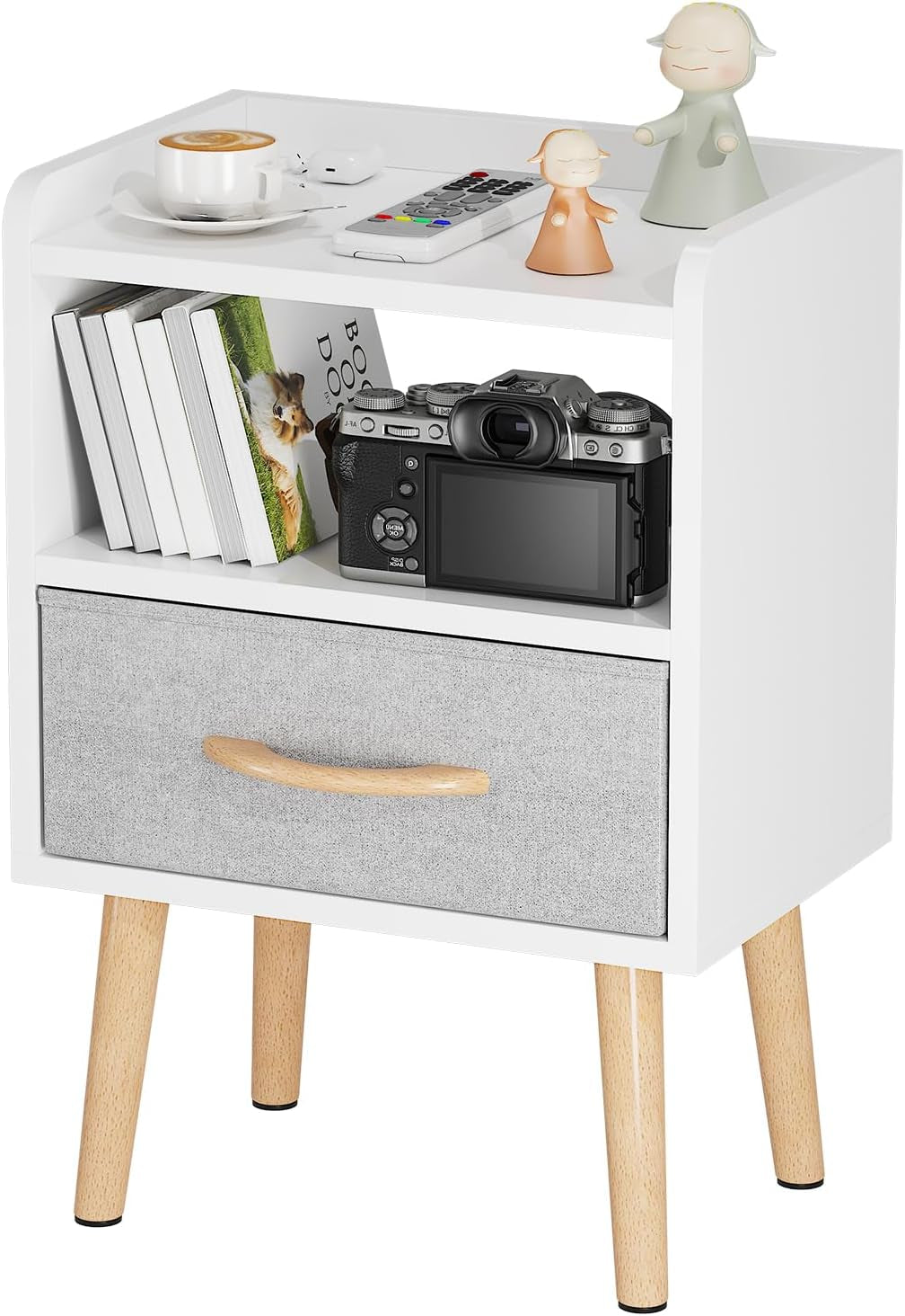 White Night Stand with Drawer, Mid Century Modern Bedside Table, Sturdy Wood Nightstand with Open Storage Shelf, Small Bedside Table for Bedroom, Kids Room & Small Spaces.