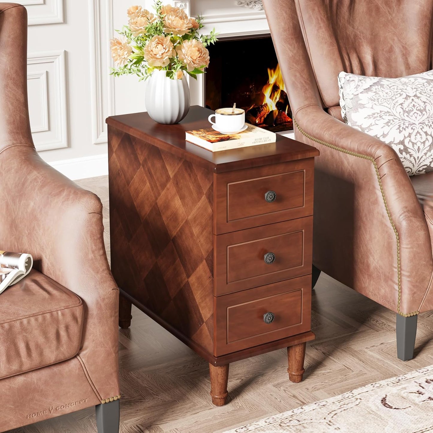 Solid Wood End Table, Fully Assembled Narrow Side Table with Drawers, Pre-Assembled Nightstand Slim Bedside Table for Small Spaces, Living Room, Bedroom, Brown