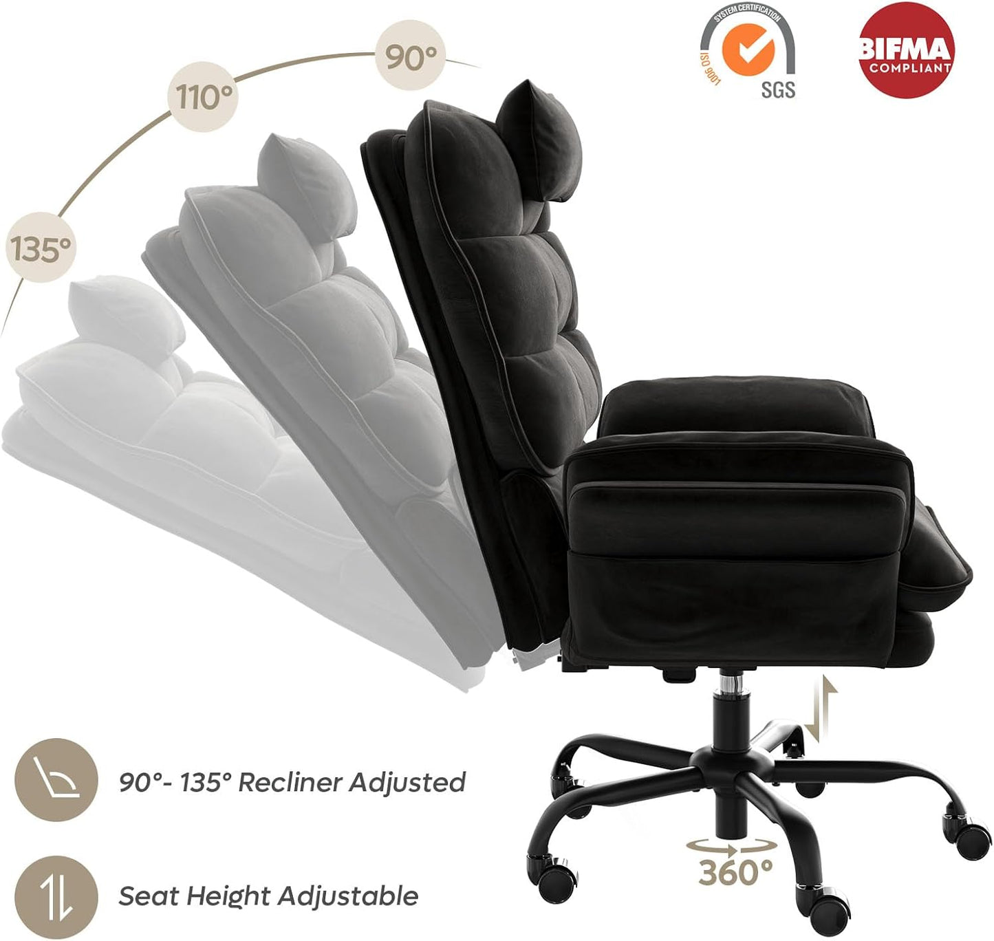 Cross Legged Office Chair, Criss Cross Chair with Adjustable Arms, 135° Reclining Velet Executive Chair with Wheels, Big and Tall Computer Desk Chair for Home, Office - Black