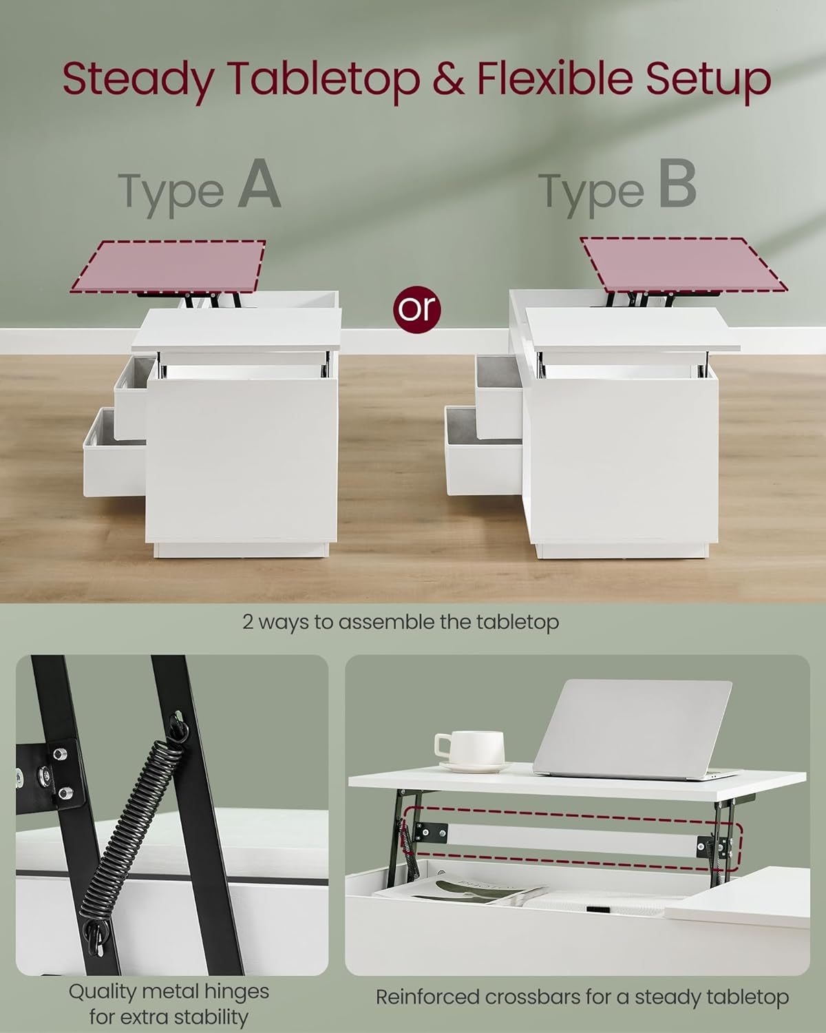 Coffee Table, Lift Top Coffee Table with 2 Drawers and Hidden Compartments, Center Table with Lift Tabletop, Open Compartments, for Living Room, Home Office, Snow White ULCT210W01