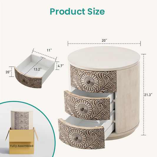 End Table Living Room Small Side Table W 3 Drawers, Vintage Bedside Table, Elegant Nightstand Small Dresser for Bedroom, Lightweight MDF Accent Table (Floral Texture)