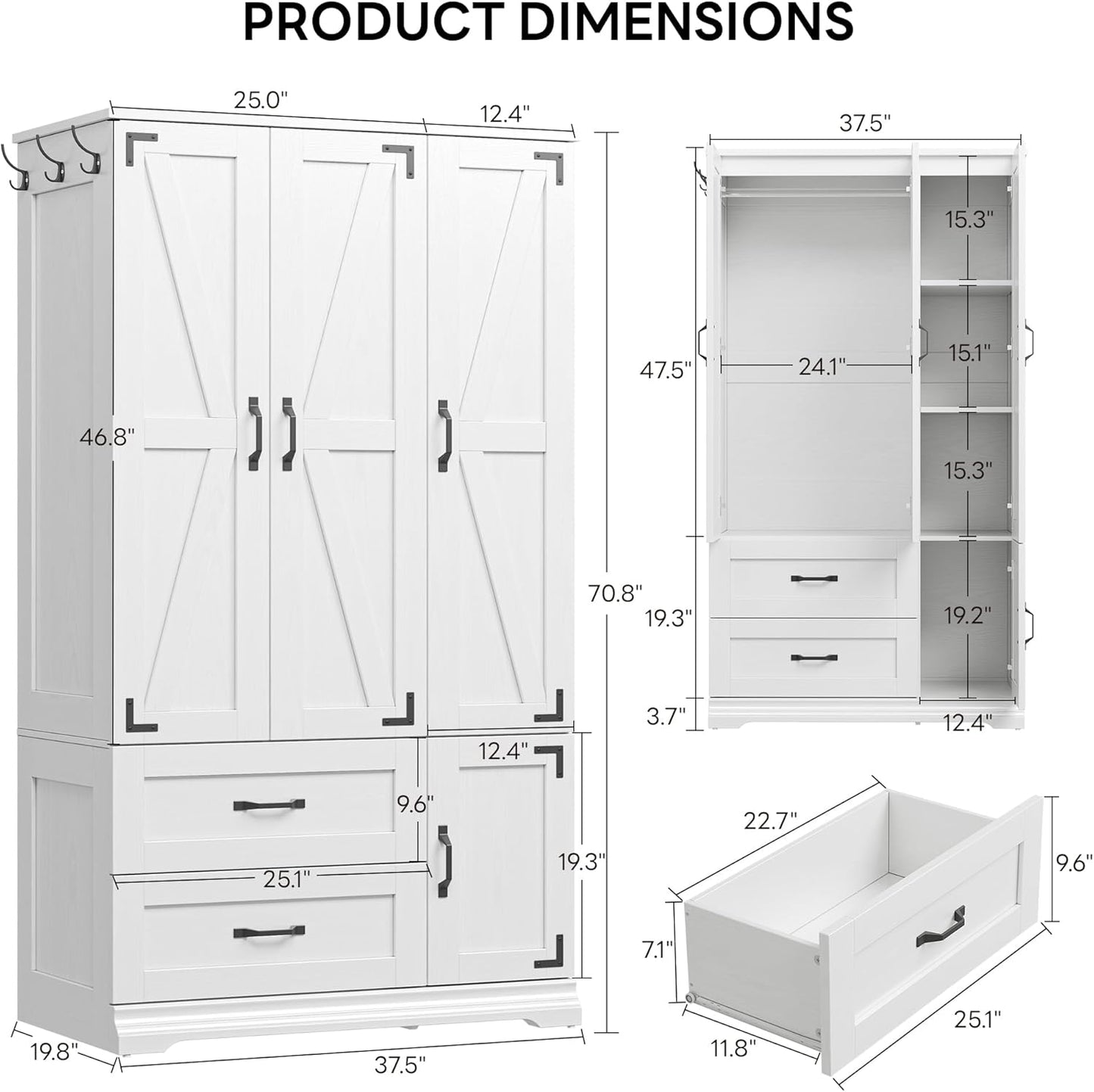 Armoire Wardrobe Closet 71" H, Bedroom Wooden Wardrobe with 4 Doors and 2 Drawers, Farmhouse Clothing Storage Cabinet Combination with Hanging Rod, Shelves, and Hooks, White