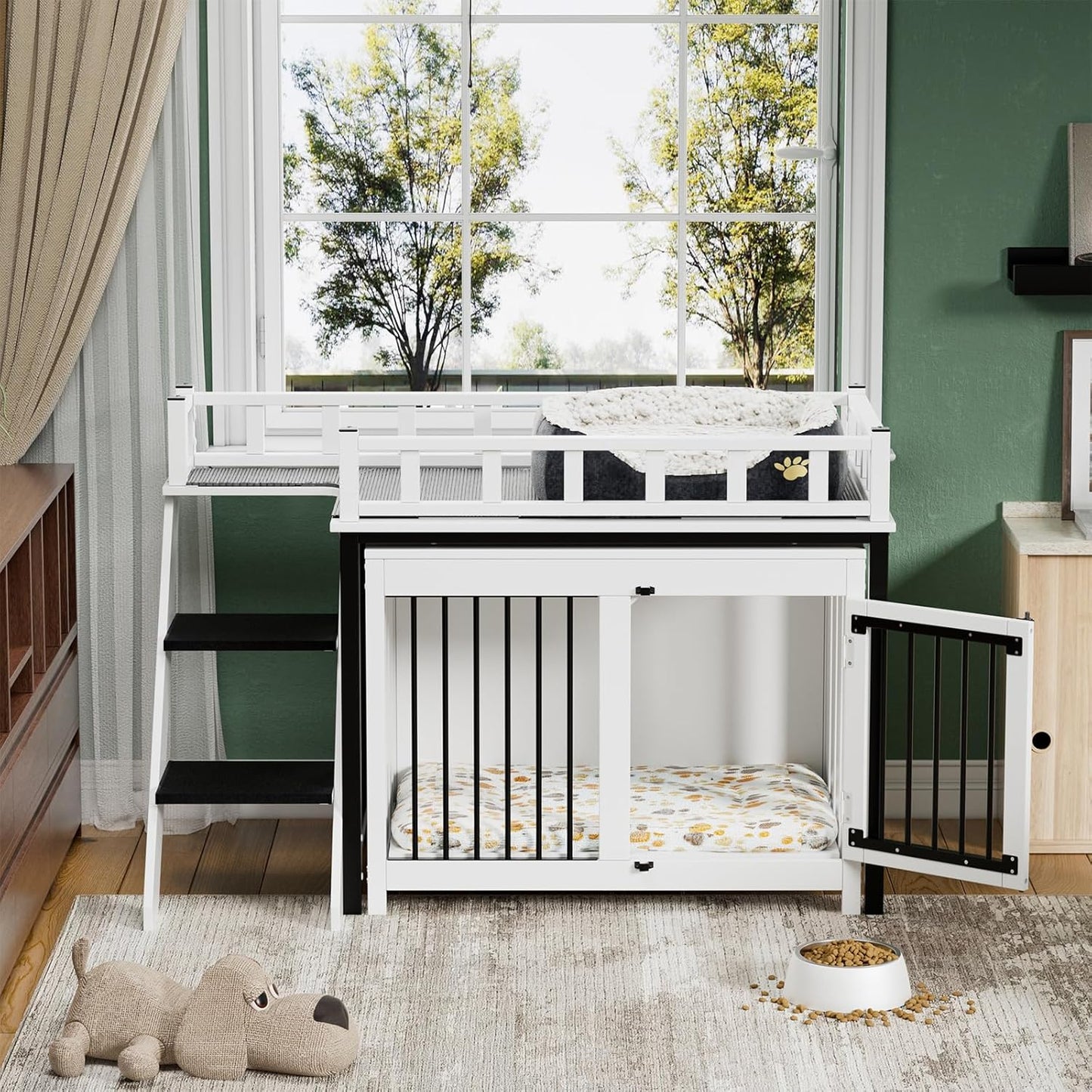 Dog Crate Furniture, Pet Bunk Bed with Stairs and Storage, Dogs/Cats Window Perch, with Multi-Purpose Blanket and Fluffy Dog Bed for Small Medium Size