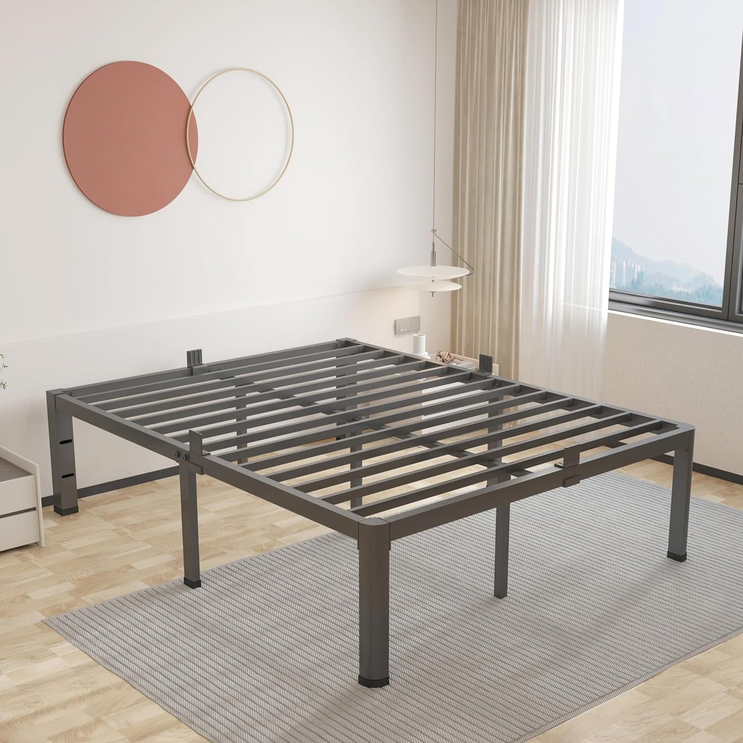 14 Inch Metal Queen Bed Frame with Rounded Corner and Headboard Hole Mattress Retainers 3500LBS Heavy Duty Steel Slats No Box Spring Needed Platform Noise-Free Easy Assembly