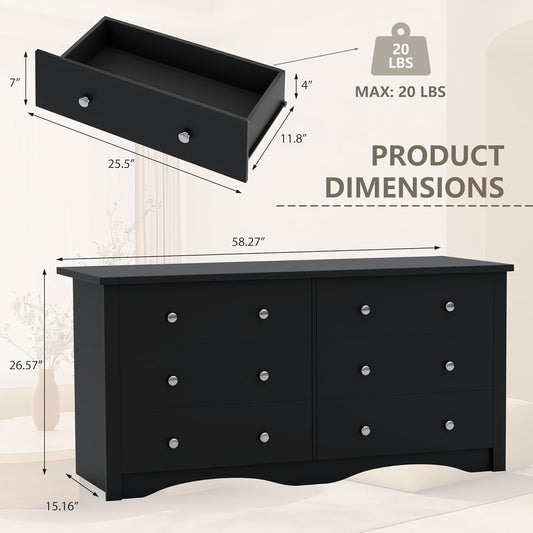Wood Dresser for Bedroom, Wide Chest of Drawers with 6 Drawers,Storage Tower Unit, Modern Closet Store Organizer for Living Room, Hallway (Black)