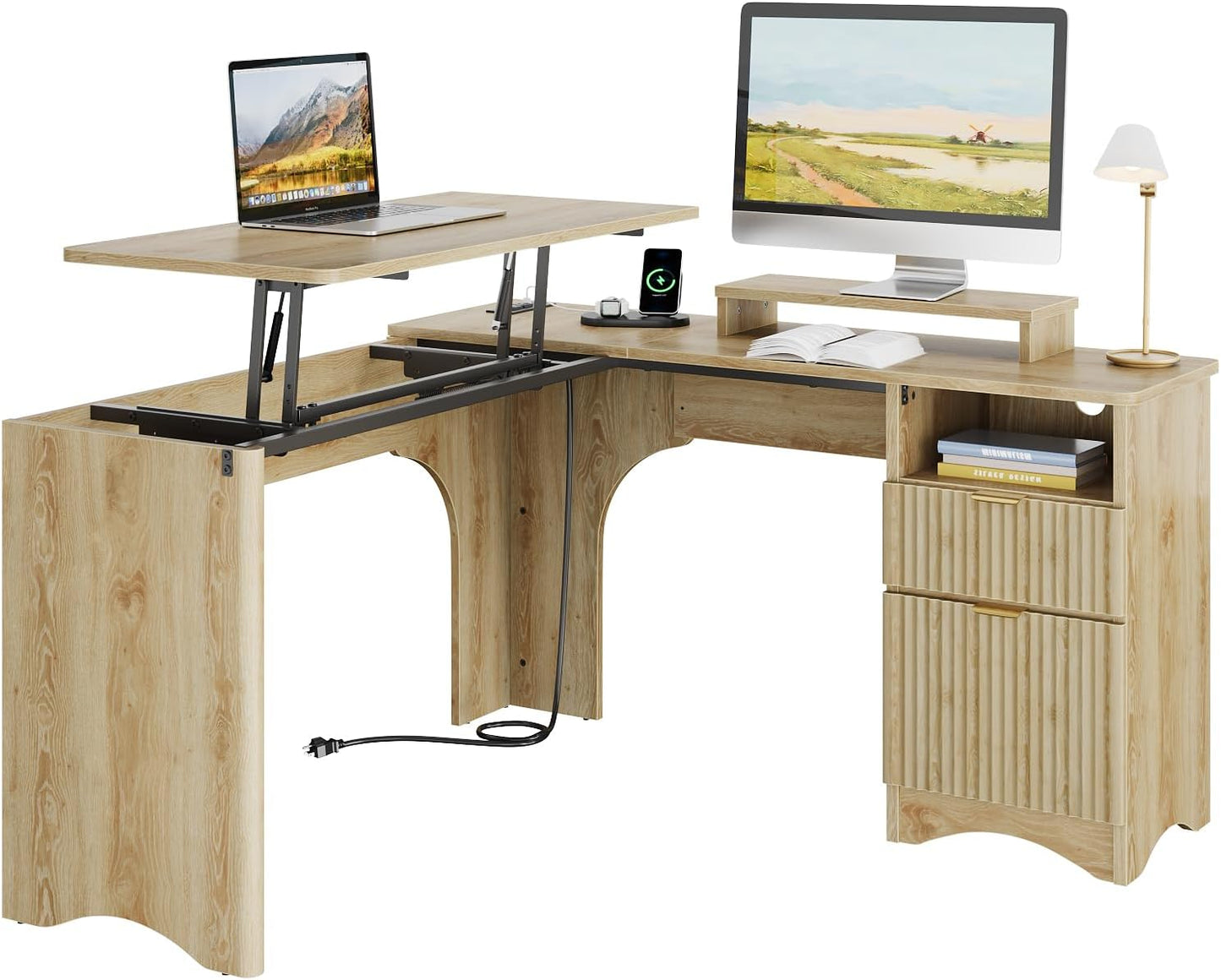 L Shaped Desk with Lift Desktop, 55 Inch Corner Desk with Fluted Panel Deisgn Drawers, Modern Office Desk with File Drawer (Natual Oak, 55'' X 55'' Lift Top)