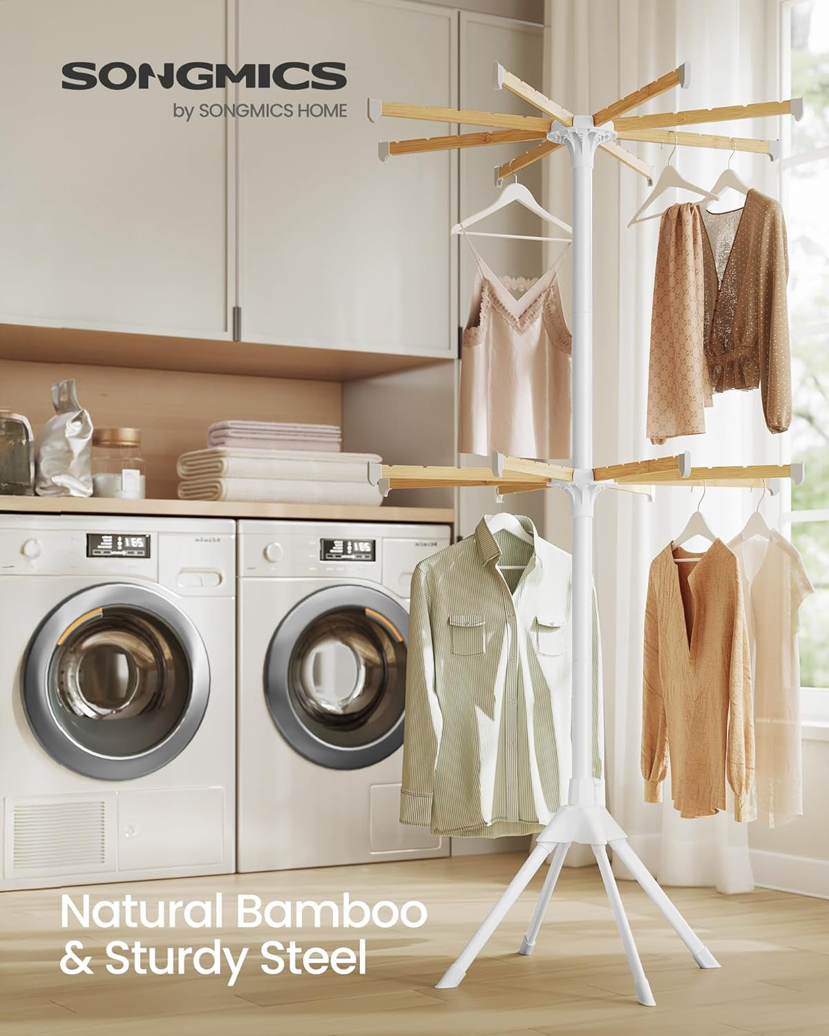Clothes Drying Rack 2-Tier, with Bamboo Hanging Rods, Foldable Metal Laundry Rack, Space-Saving, Free-Standing Airer, Indoor Use, White and Natural ULLR517W01