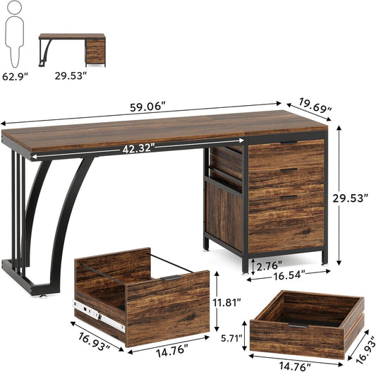 Computer Desk with 3 Drawers, 59-Inch PC Desk with Reversible Drawers, Industrial Study Writing Table Workstation with File Storage for Home Office, Rustic Brown