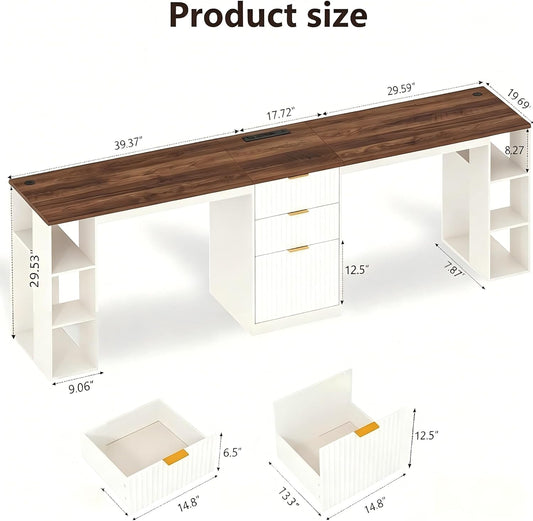 96.5" 2 Person Desk with Power Outlet & USB Ports, Double Computer Desk with Drawers & Storage Shelves, Modern Fluted Home Office Desk, White