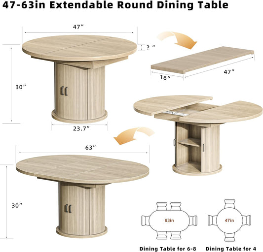 47-63In Extendable round Dining Table for 4-8 Modern round Kitchen Table Circle Dining Table with 2-Tier Storage Shelf, Space Saving Expandable Wood Oval for Living Room Walnut Oak