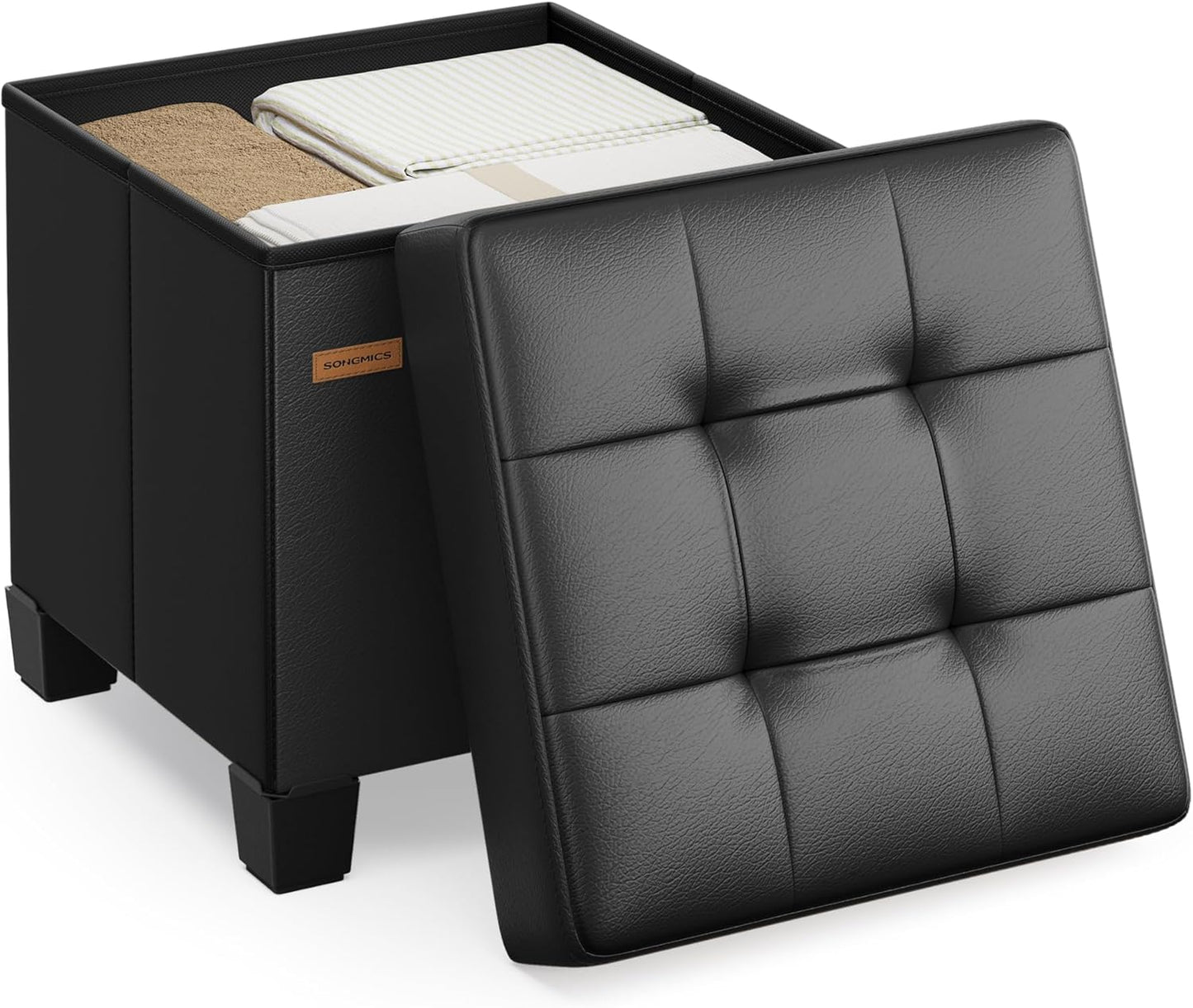 Storage Ottoman, Cube Ottoman with Legs, 15 X 15 X 15.7 Inches, Footstool, Footrest, 10 Gal. (37 L), Synthetic Leather, for Bedroom, Living Room, Dorm, Ink Black ULSF0512B02