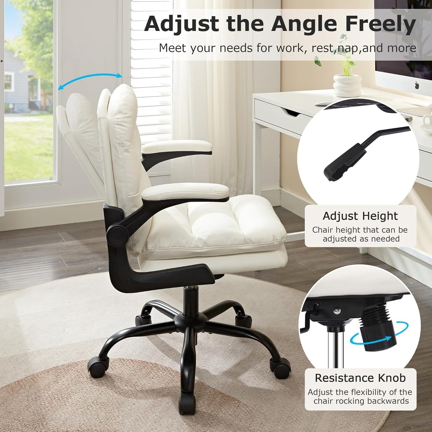 Ergonomic Swivel Office Desk Chair with Flip-Up Armrest and Adjustable Height, Lumbar Support & PU Leather Thickened Cushion, for Computer Task Work, White