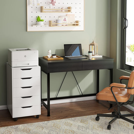 Small Computer Desk with Drawers, 39.4 Inch Home Office Desks with Storage, Simple Modern Kids Desk, Vanity Desk for Bedroom, Work Study Writing Desk Table for Small Spaces (Black, Wooden)