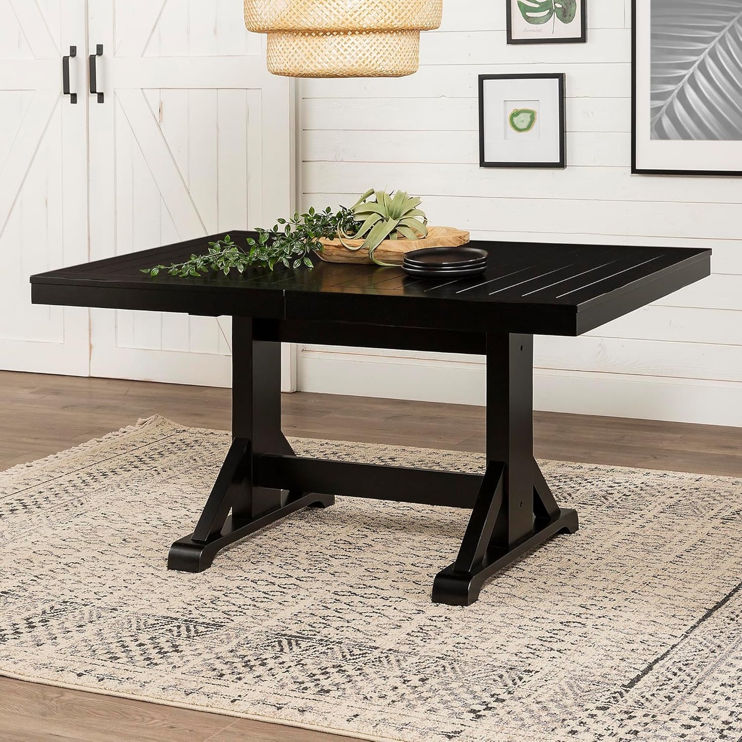 6 to 8 Person Wood Modern Farmhouse Expandable Dining Room Table with Leaf Kitchen Dining Chairs, 60 Inch, Antique Black