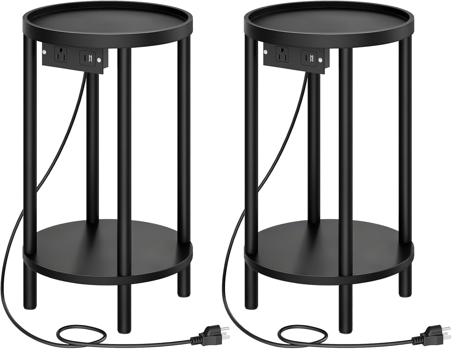 Set of 2 Small round Side Tables with Charging Station, 2-Tier round Bamboo End Tables, Easy Assembly, for Living Room, Bedroom, Apartment, Black BB156UBZP201