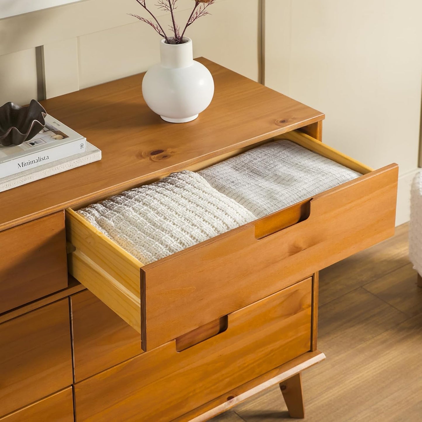 Sloane 6-Drawer Groove Handle Solid Wood Dresser, 52 Inch, Caramel