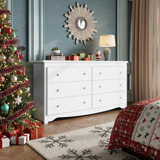 White Dresser with 6 Drawers, 59“ Wide Wooden Chest of Drawers for Bedroom, Modern Dresser Closet Storage Organizer for Living Room Hallway