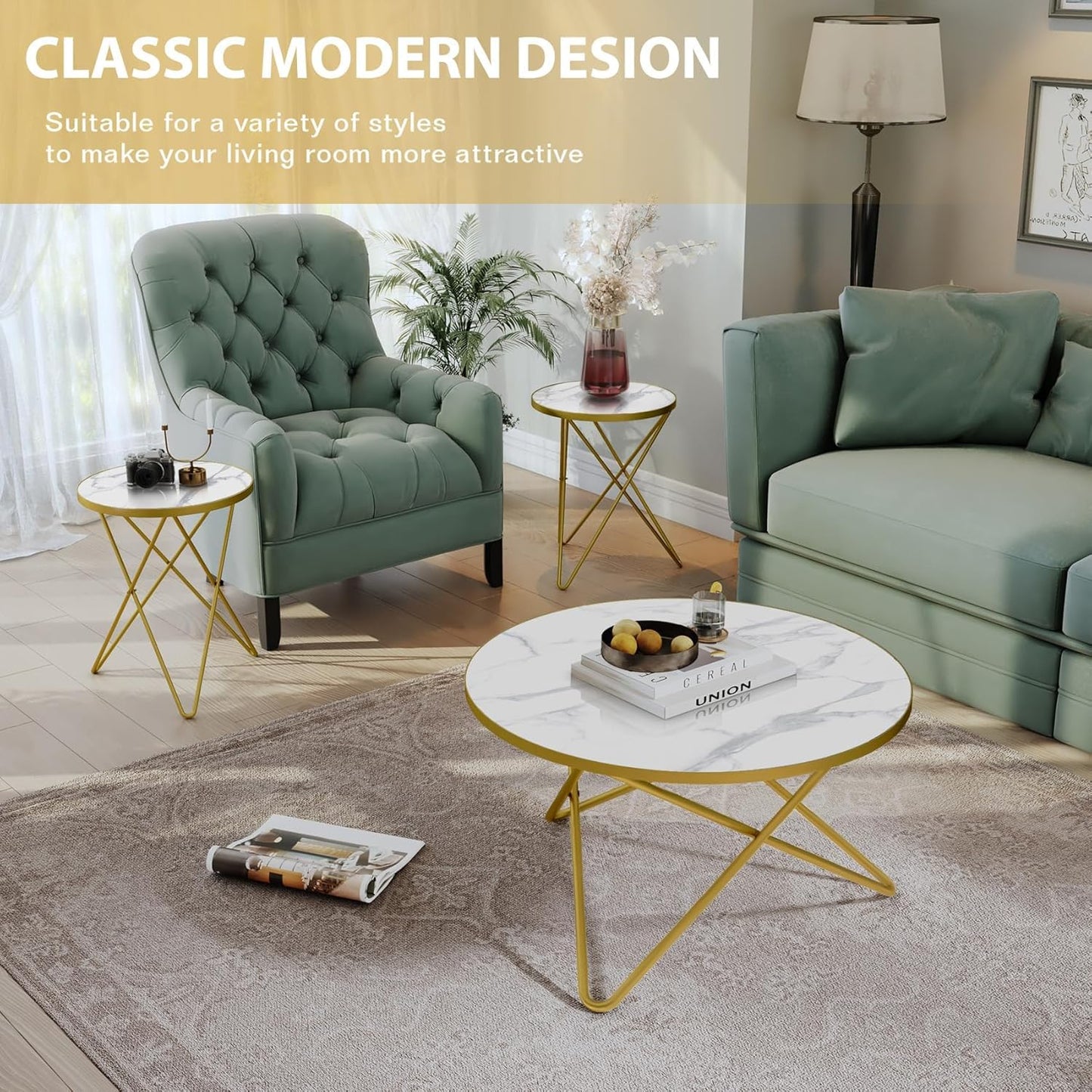 Modern round Coffee Table and Side Table Set of 3,End Table with Faux Marble Top and Gold Metal Frame, Side Table for Living Room, Bedroom, Sofa and Couch, Gold Legs, White Marble Top