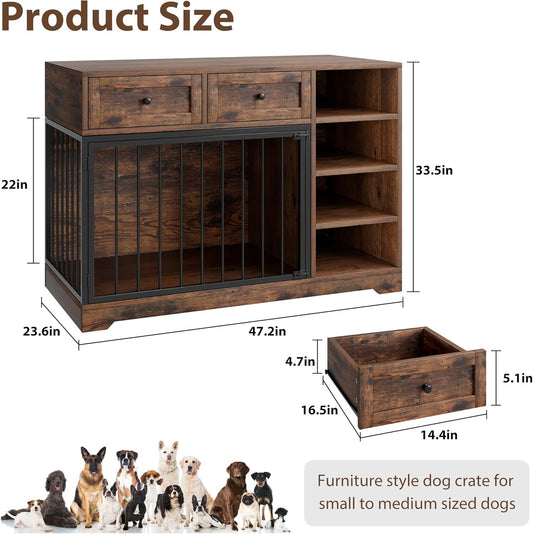 Wooden Dog Crate Furniture with 2 Drawers and 4 Open Shelves, Multi-Functional Pet Kennel & TV Stand with Storage for Indoor Use, Brown