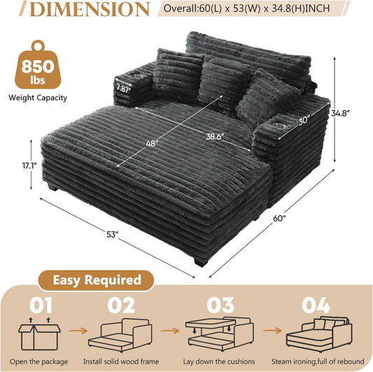 60" Chaise Lounge Chair Indoor, Upgraded Oversized Comfy Sofa Bed, Fluffy Plush Faux Fur Sleeper Couch Lazy Chair Bed, Reading Chairs Cloud Couches for Living Room,Dark Grey