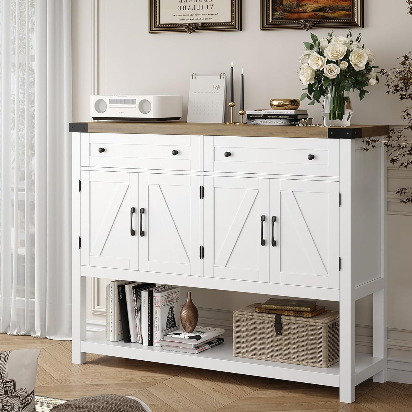 Buffet Sideboard Cabinet with Storage, 47.2" Modern Farmhouse Coffee Bar with 2 Drawers, Barn Doors Console Table with Shelf for Kitchen, Dining Room, Living Room, Entryway (White)