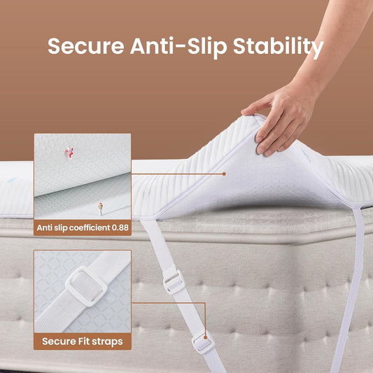3 Inch Cooling Qeen Size Memory Foam Mattress Topper Pad,Soft Washable Bed Cover with Anti-Slip Base &Zipper,Fits 6"-19" Mattresses with Straps,Extra Comfort for Sleep & Back Pain Relief