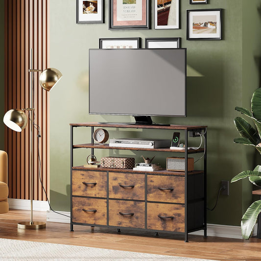 TV Stand for 40, 45 Inch TV, Entertainment Center with LED Lights & Charging Station, TV Media Console Table with 6 Fabric Drawers and Open Shelves for Living Room, Hallway, Rustic Brown