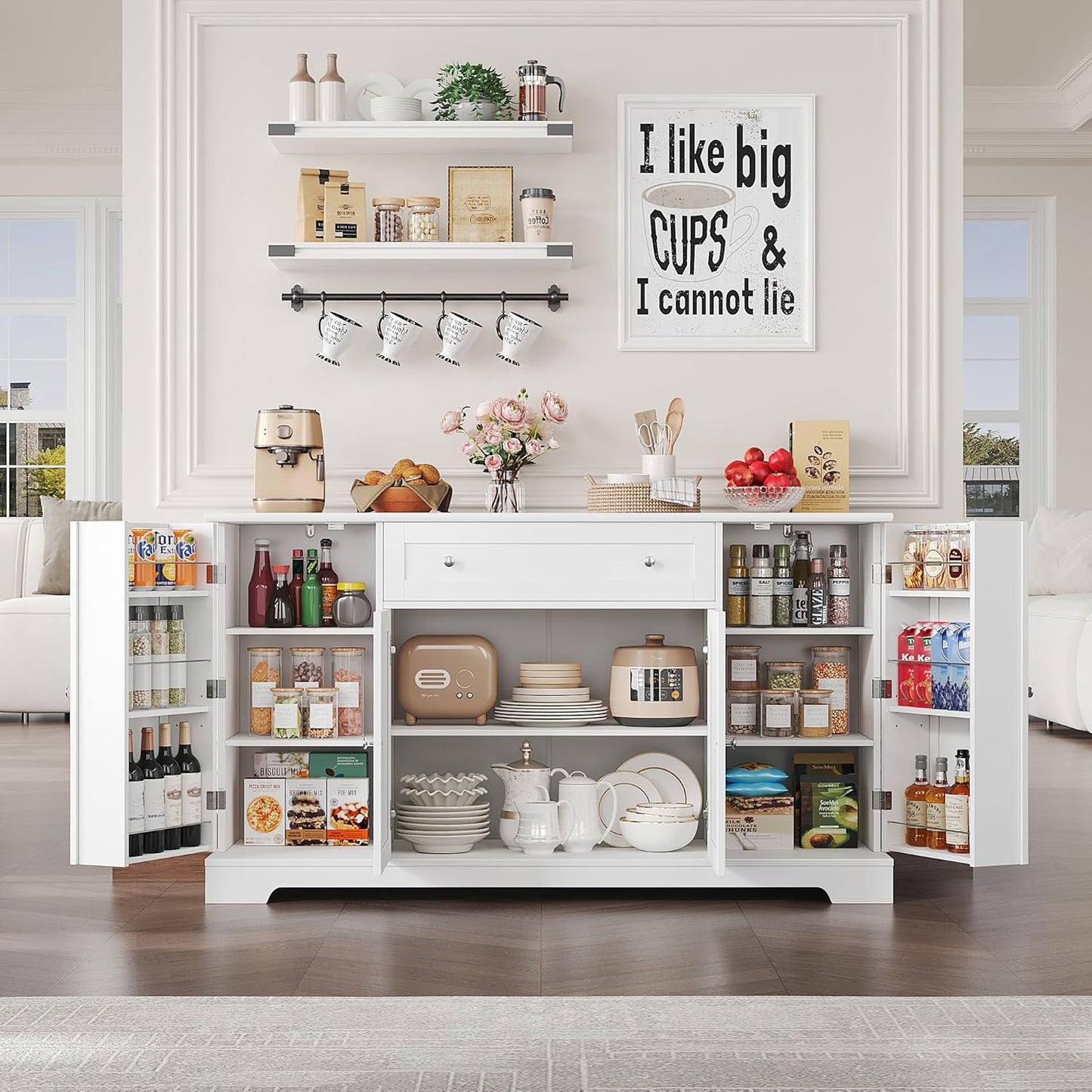 54" Buffet Cabinet with Storage, Modern Kitchen Buffet Sideboard with Drawer, Wood Coffee Bar Station with Adjustable Shelves, Kitchen Storage Cabinet for Living Room, White