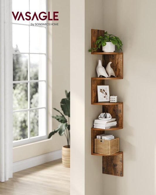Corner Shelf Wall Mount, 5-Tier Floating Corner Bookshelf, Plant Shelf for Bedroom, Living Room, Bathroom, Home Office, Rustic Brown ULBC72BX