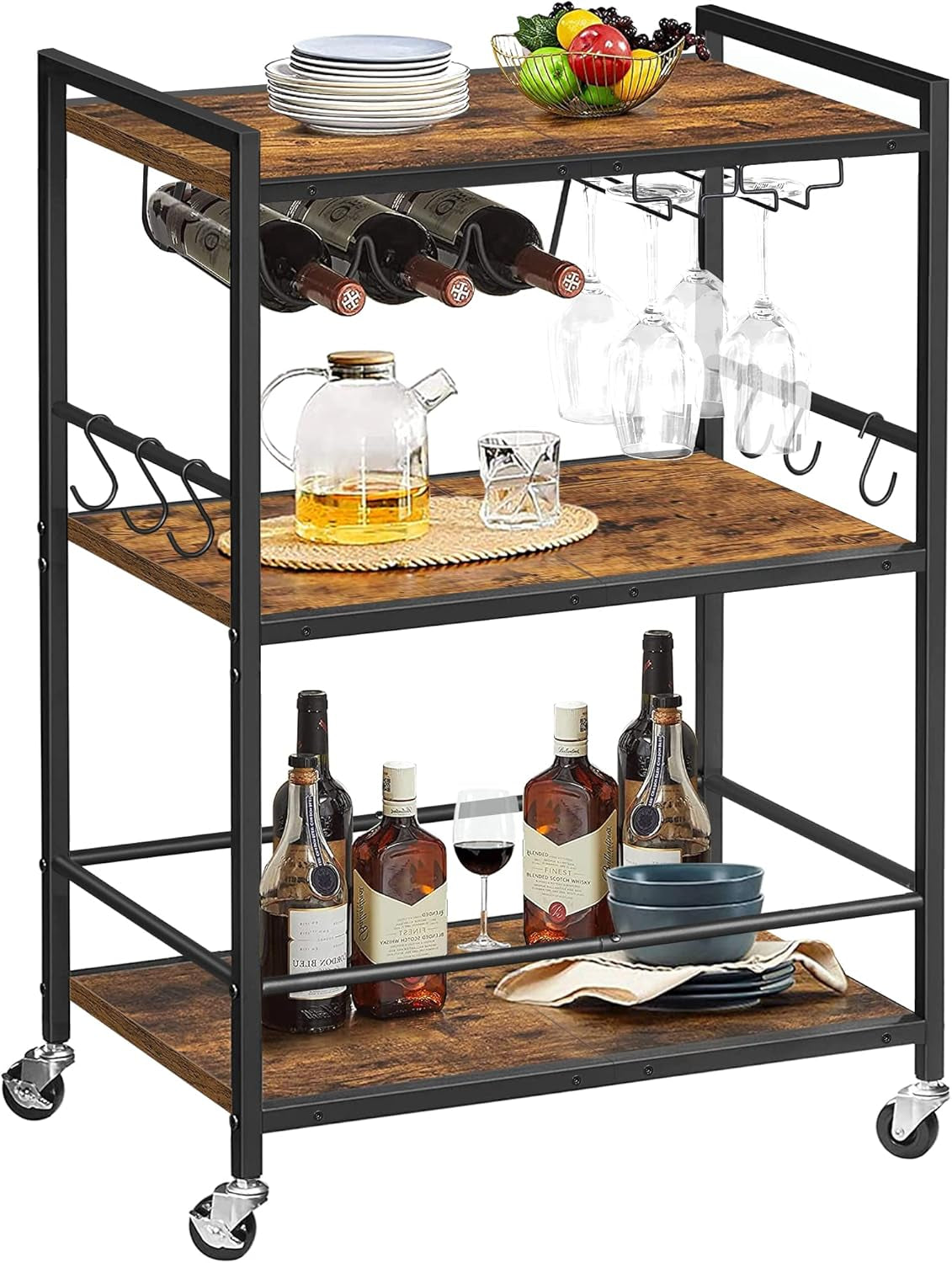 Bar Cart, Serving Cart for Home, Microwave Cart, Drink Cart, Mobile Kitchen Shelf with Wine Rack and Glass Holder, Rolling Beverage Cart BC01BB030