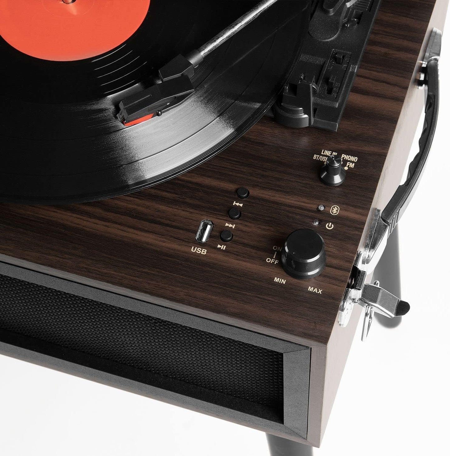 Liberty – Bluetooth Record Player – 5-In-1 Turntable with Vinyl Stream, FM Radio, USB Playback, Built-In Speakers, Use as Stand or Tabletop Player (Espresso)