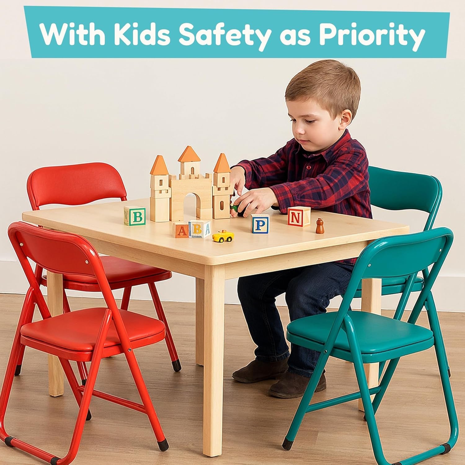 2 Pcs Kids Desk Chair Foldable with Padded Seat & Back, Metal Frame for Toddler&Children, Indoor Outdoor Portabel Use for Playroom, Bedroom, Kitchen, Folding for Easy Storage, Green+Red