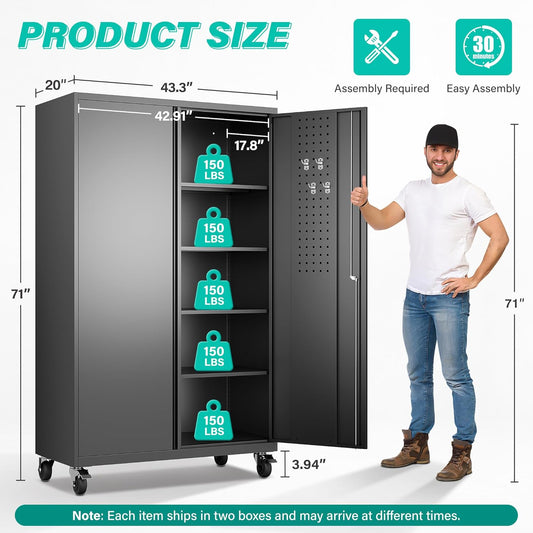 Wide & Deep Metal Storage Cabinet with Wheels,Tall Rolling Garage Storage Cabinet with Lock,Black Metal Cabinets with Pegboards and Shelves,Tool Locker for Garage,Home,Office,43''Wx 20''Dx71"H