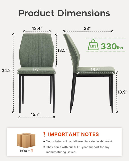 Dining Chairs Set of 4, Upholstered Wooden Dining Room Chairs, Mid Century Modern Fabric Kitchen Chair with Metal Legs Chenille Fabric for Kitchen/Restaurant/Hotel- Green (Only Chairs)