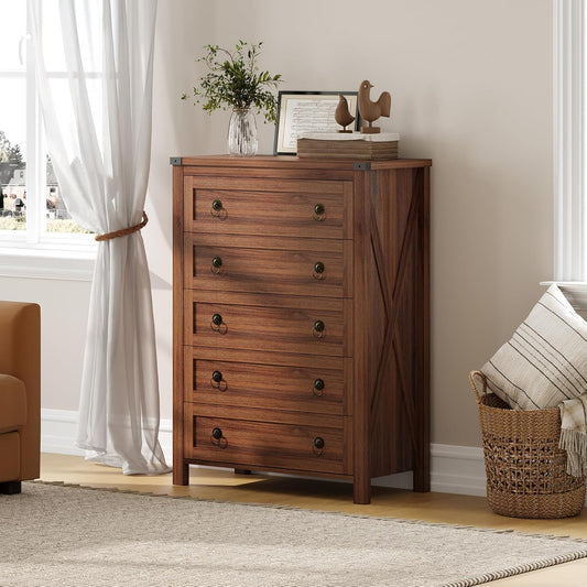 5 Drawer Dresser for Bedroom, 44.1" Tall Farmhouse Chest of Drawers, Dresser TV Stand with Metal Handle, Storage Organizer Closet for Living Room, Hallway, Walnut