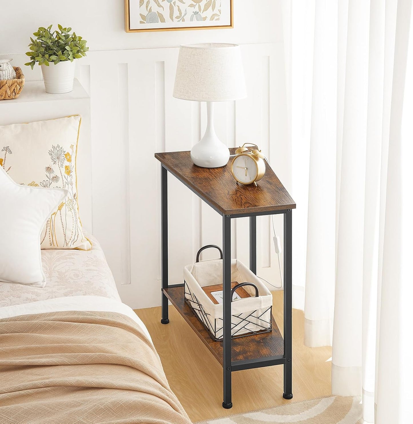 Wedge End Table, Recliner Wedge Side Table with Storage, Industrial Triangle Accent Table for Small Space, Corner, Living Room, Apartment, Rustic Brown BF64BZ01G1