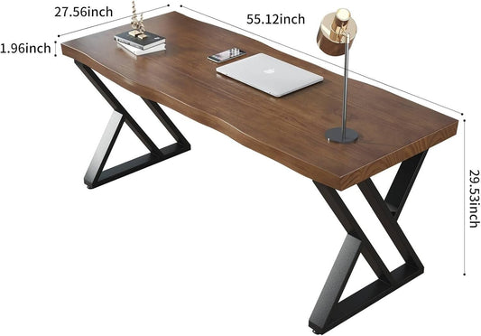 55Inch Solid Wood Desk Wide Home Office Desk,Metal Modern Industrial Writing Table, Workstation, Perfect Table for Your Workspace Study Table Furniture in Rustic Natural Aged Brown