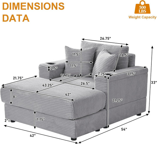 Oversized Chaise Lounge Chair Indoor with USB, Cup Holder & Ottoman, Firm Solid Wood Frame with Long Service Life Corduroy Oversized Lounge Reading Chair for Study Room - Grey