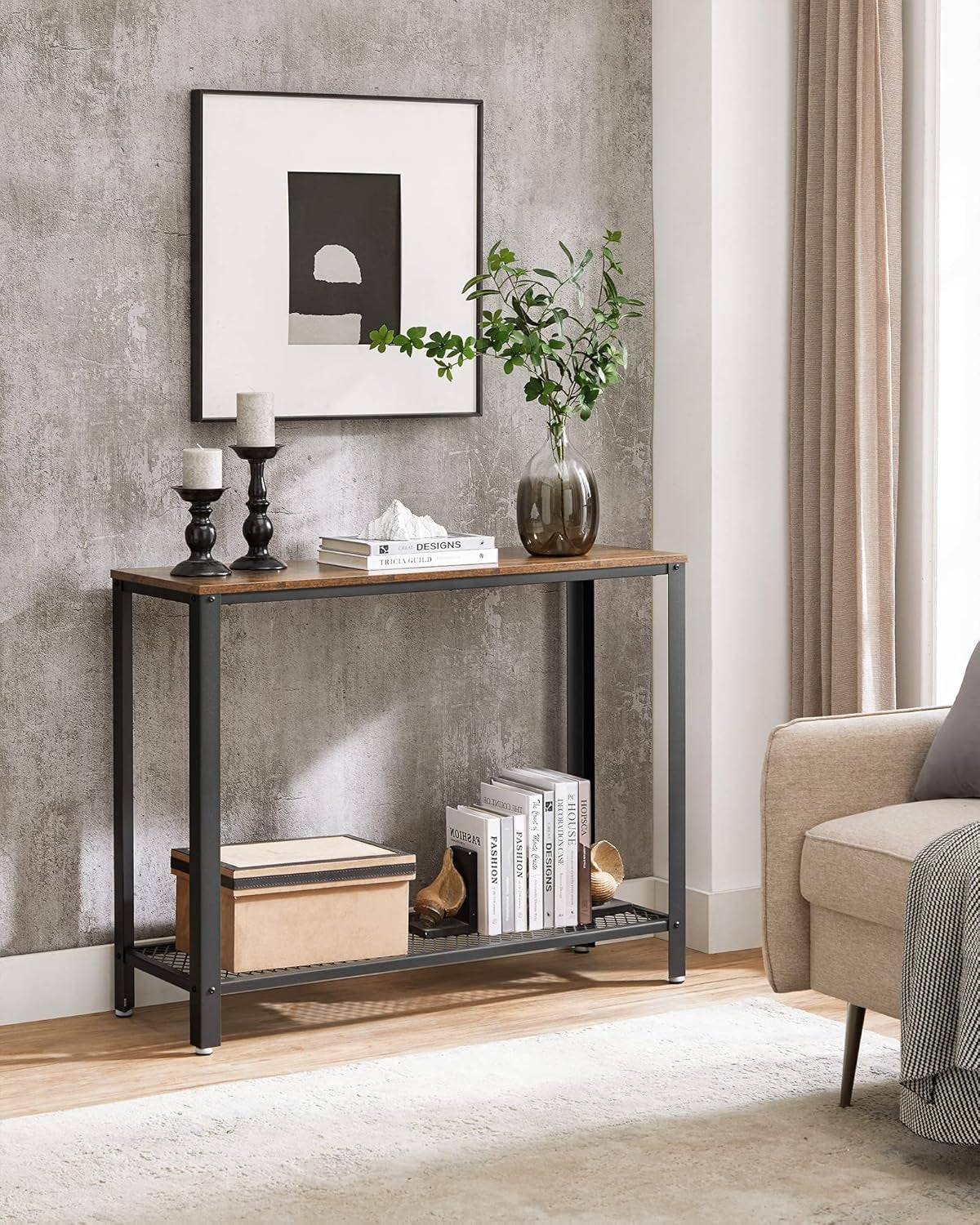 Console Table, 2-Tier Entryway Table with Mesh Shelf, Narrow Sofa Table, Steel Frame, Adjustable Feet, for Hallway, Living Room, Industrial Style, Rustic Brown and Black ULNT80X
