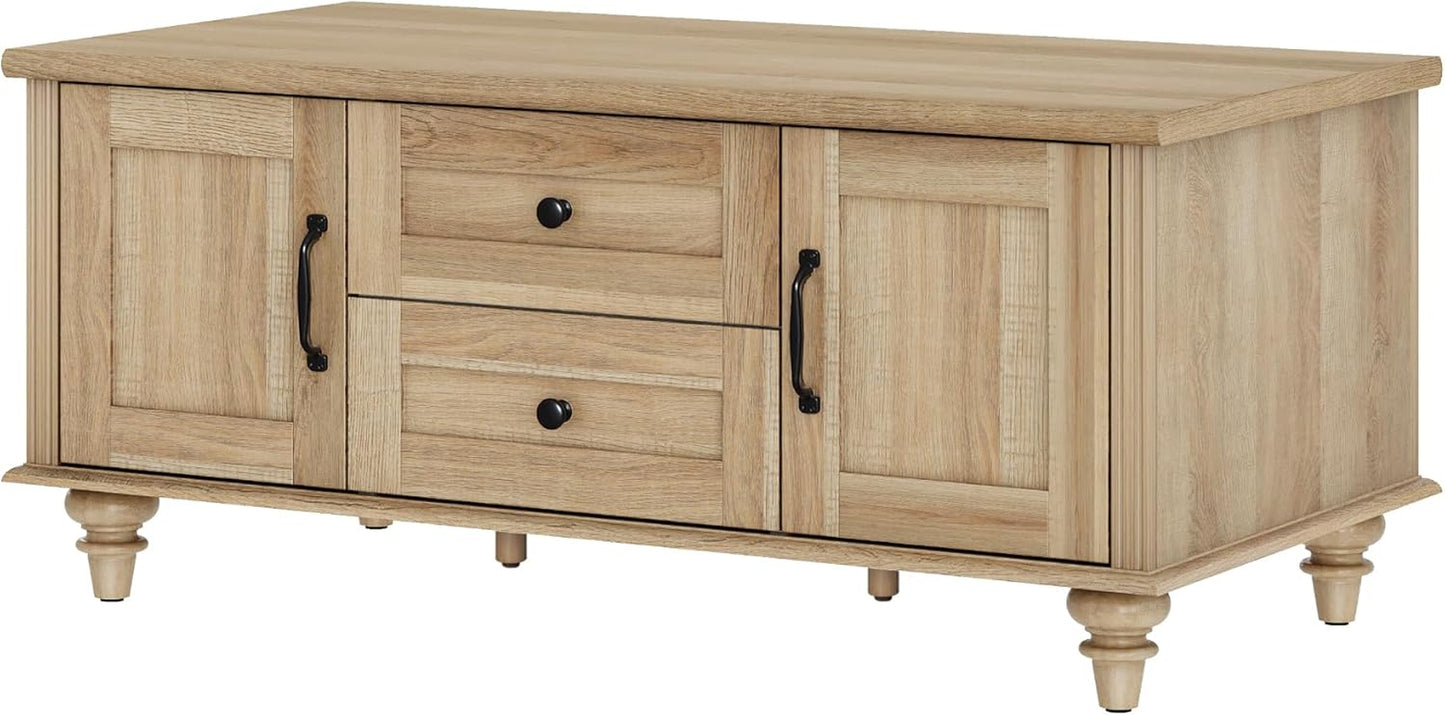 Oak farmhouse coffee table with storage cabinet and drawers, view 9