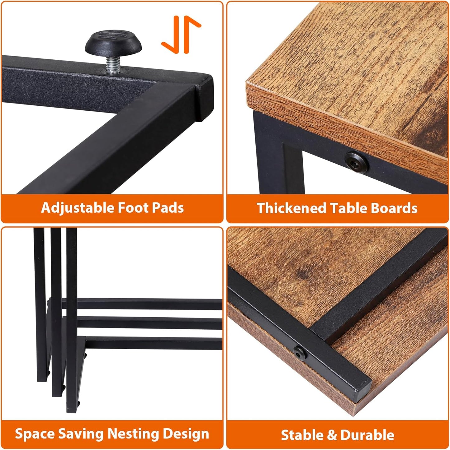 Nesting Tables Set of 3, Industrial C Shaped End Table Stackable Coffee Table Heavy Duty Metal Frame for Small Space, Living Room, Bedroom, Side Table Tray for Laptop Snack, Rustic Brown