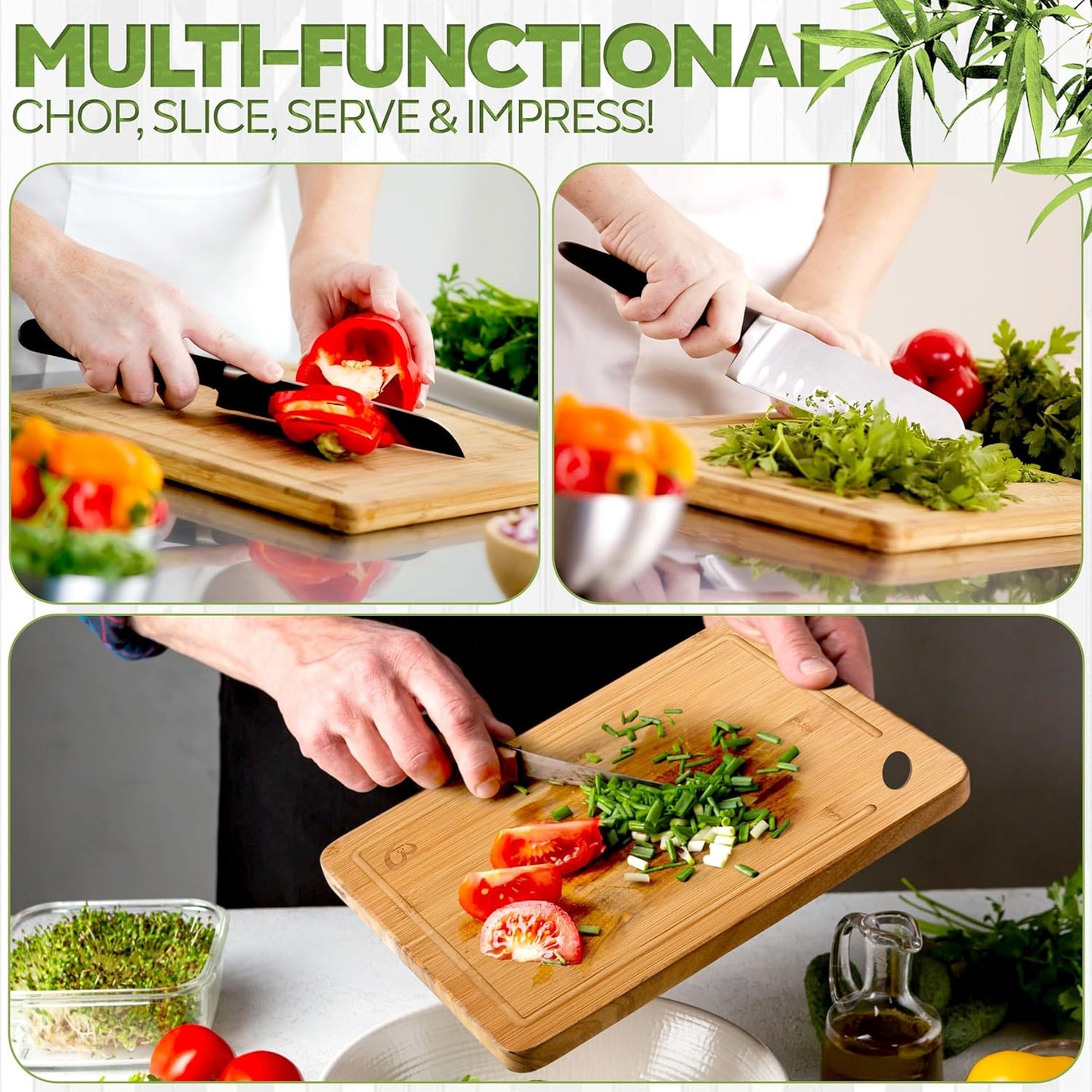 Bamboo Cutting Board Set of 3 – Small, Medium & Large Durable Non-Toxic Wood Cutting Boards for Kitchen with Deep Juice Grooves – Ideal Charcuterie & Chopping Boards for Meat, Vegetables & Fruits