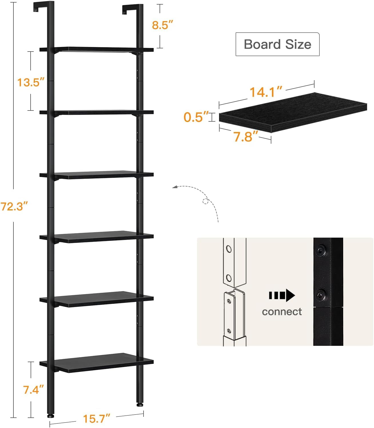 6-Tier Ladder Bookcase, Industrial Storage Shelf with Metal Frame for Living Room, Home Office, Kitchen & Bedroom, Space Saving Freestanding Organizer Rack, Black (8" D X 16" W X 87" H)