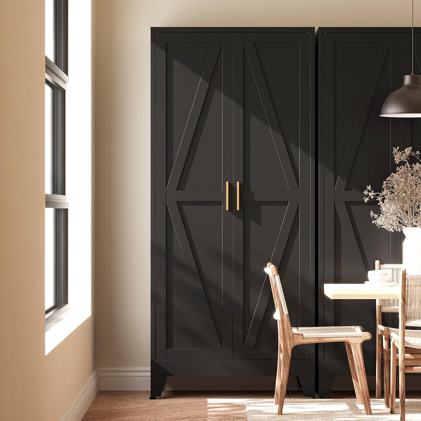 Black tall farmhouse kitchen pantry cabinet with doors, view 9
