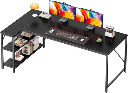 L Shaped Desk, 63 Inches Computer Desk with Reversible Storage Shelves, Gaming Corner Home Office Writing Study, Metal Frame, Black