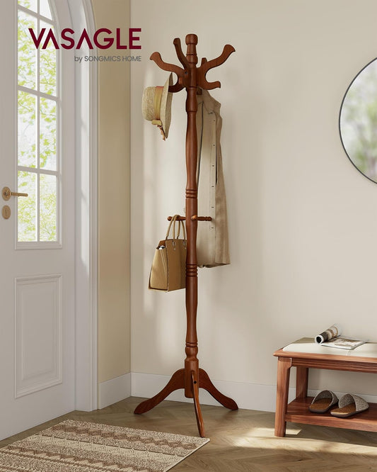 Coat Stand, Solid Wood Freestanding Coat Rack with 11 Hooks, Hall Tree for Bags, Purses, Hats, for Entryway, Hallway, Rubberwood, Caramel Brown URCR05WN