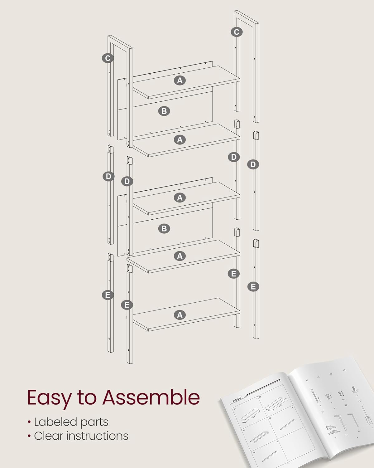5-Tier Bookshelf and Computer Desk, Industrial Home Office Furniture Bundle, Steel Frame