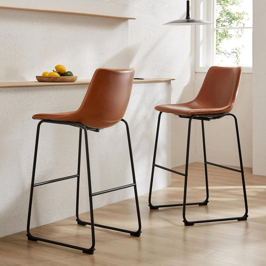 26 Inch Counter Height Bar Stools Set of 2, Modern Faux Leather High Barstools with Back and Metal Leg, Bar Chairs for Kitchen Island, Elegant Brown